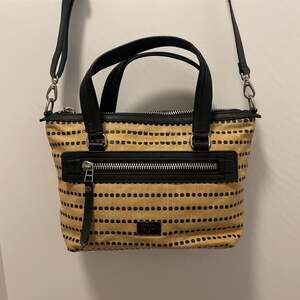 Fossil Dawson Satchel Light Tan Fabric and Leather Handbag